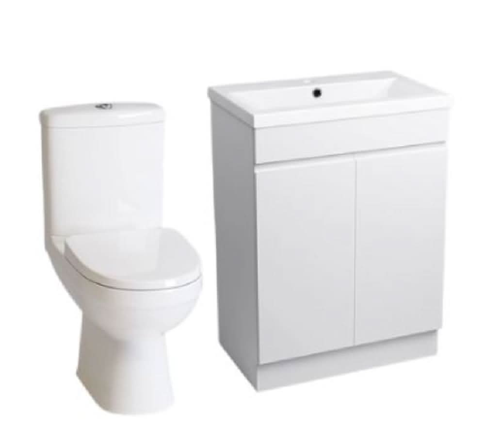 The iBathUK Trent Close Coupled Toilet & Vanity Unit with Basin features a gloss white WC pan and twin-door cabinet, providing a space-saving bathroom furniture combo, all shown against a plain white background.