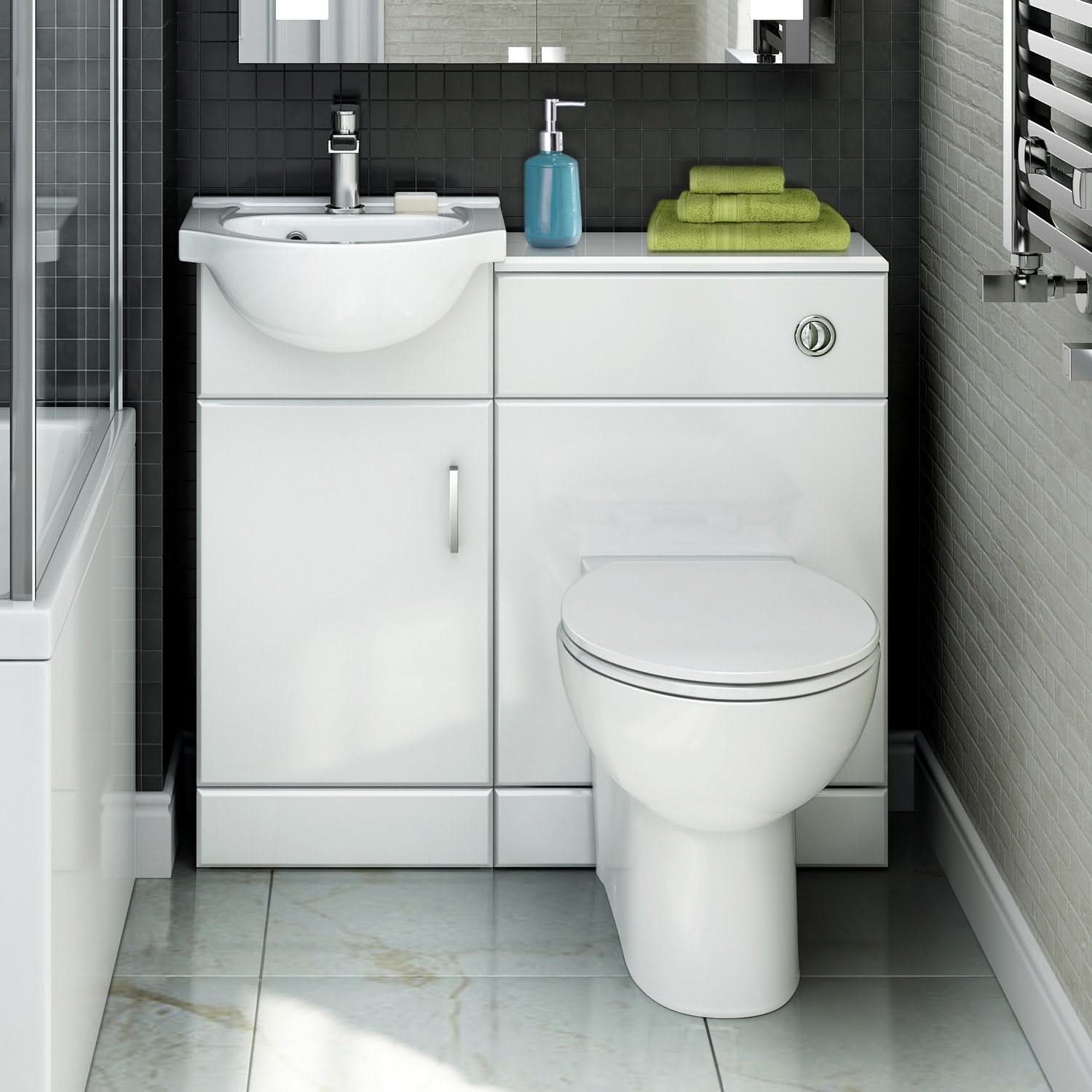iBathUK Cove Vanity Unit & Round Toilet Set, Modern Bathroom Sink & Storage Furniture Combo, Vanity Unit with Basin, White Gloss, 903mm