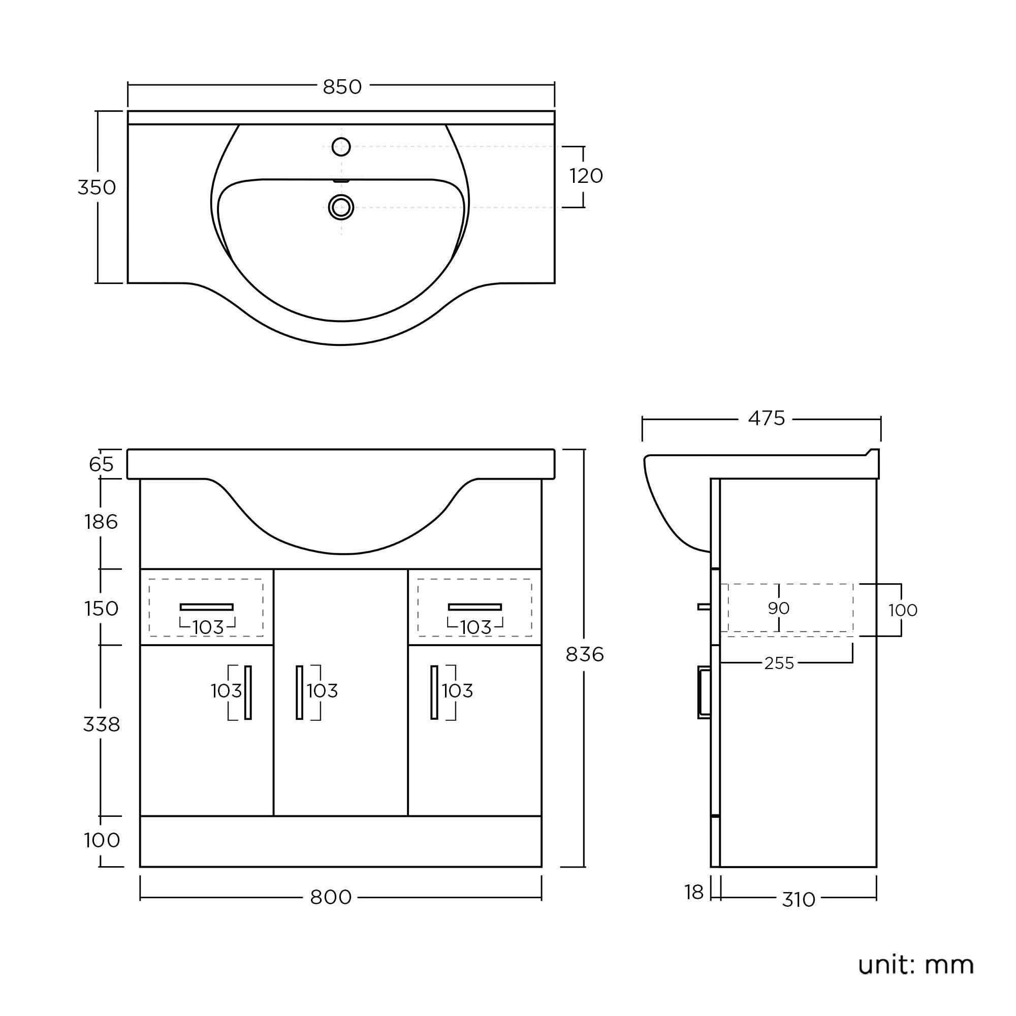 iBathUK Quartz Basin Vanity Unit, Bathroom Sink Cabinet with Storage, Modern Space-Saving Furniture, Vanity Unit with Basin, White Gloss, 850mm
