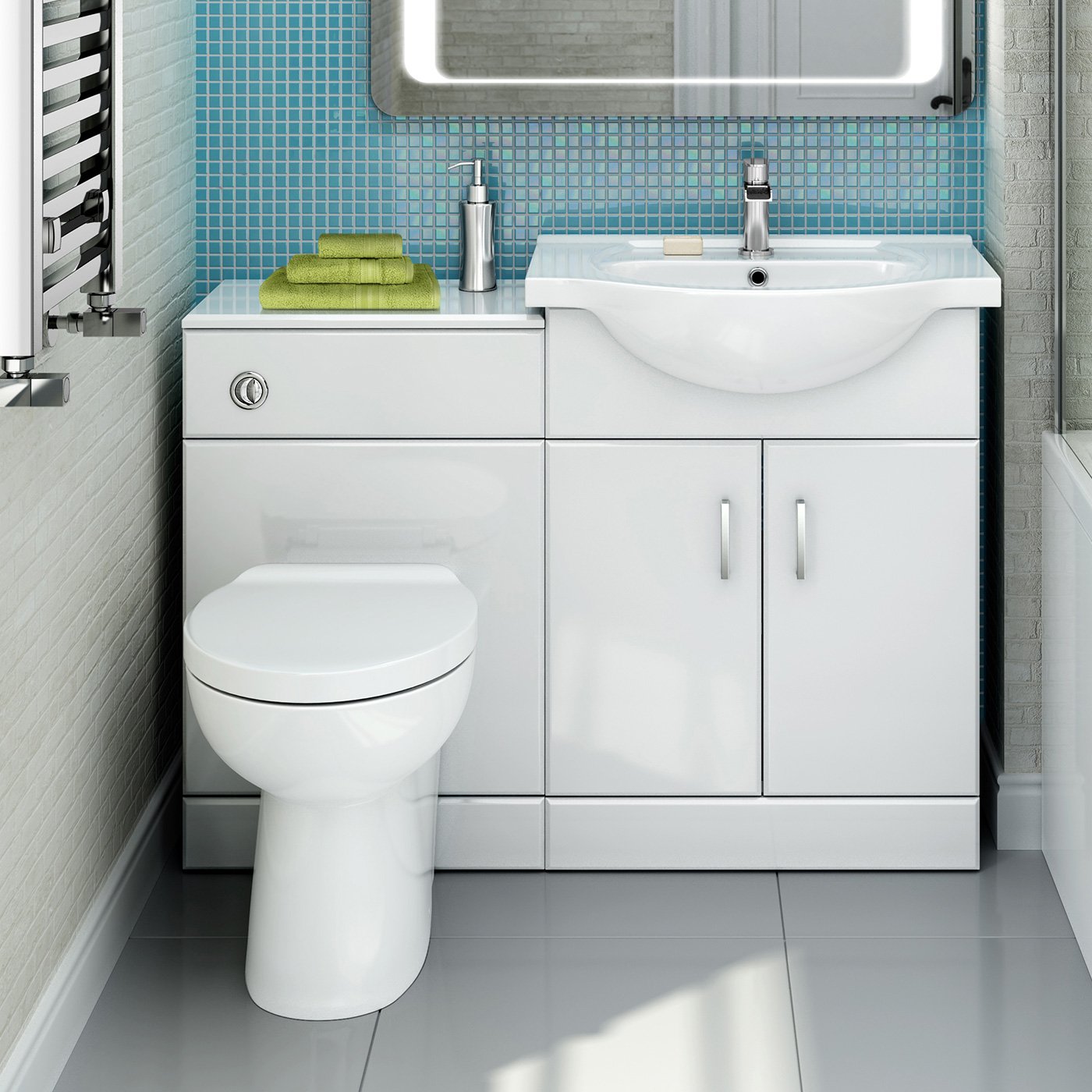 1138mm White Gloss Vanity Basin Unit + Back to Wall Toilet Furniture Set