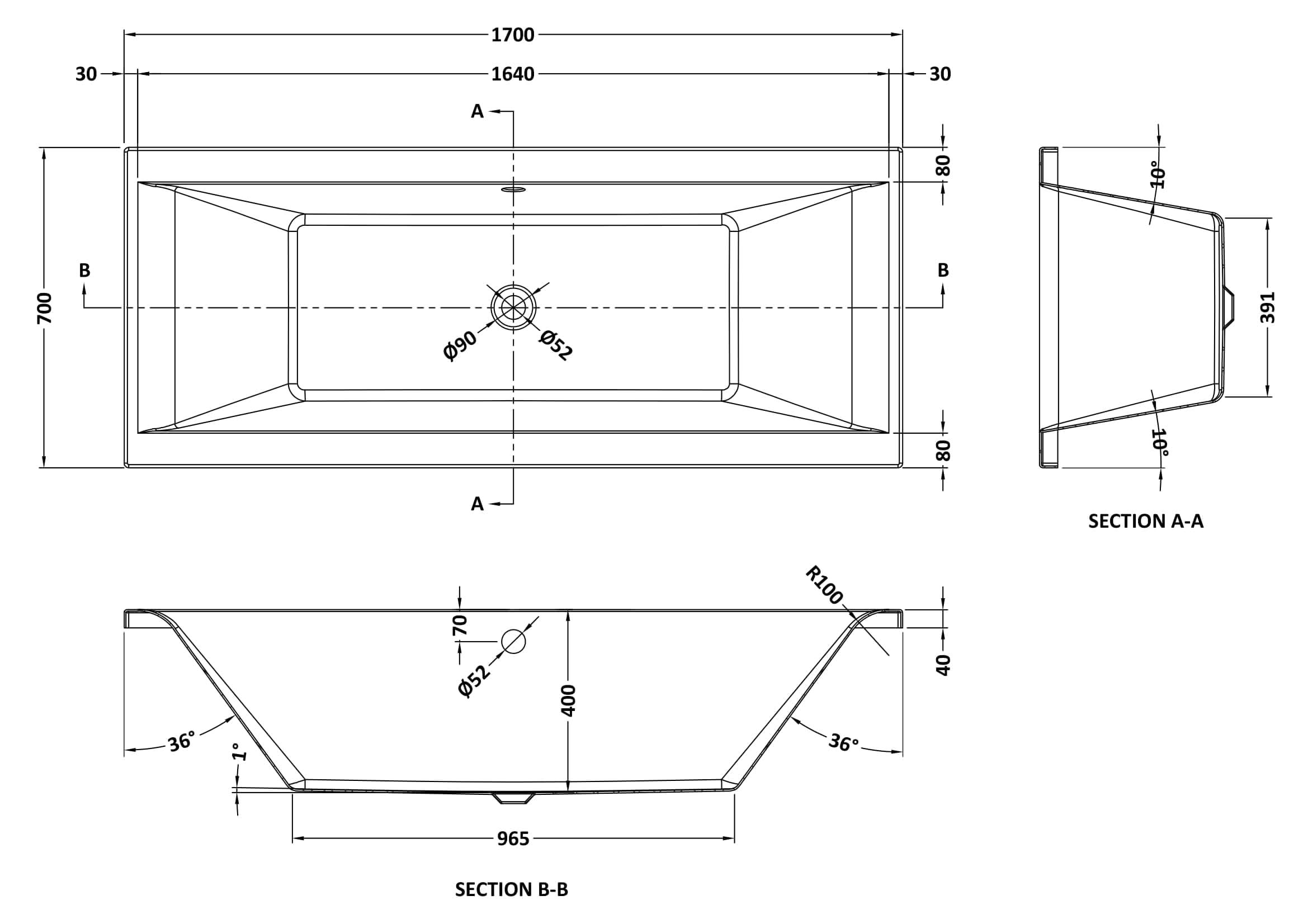 iBathUK Strava Double Ended Rectangular Acrylic Bathtub with Adjustable Feet, Modern White Gloss Bathroom Tub,1700 x 700mm