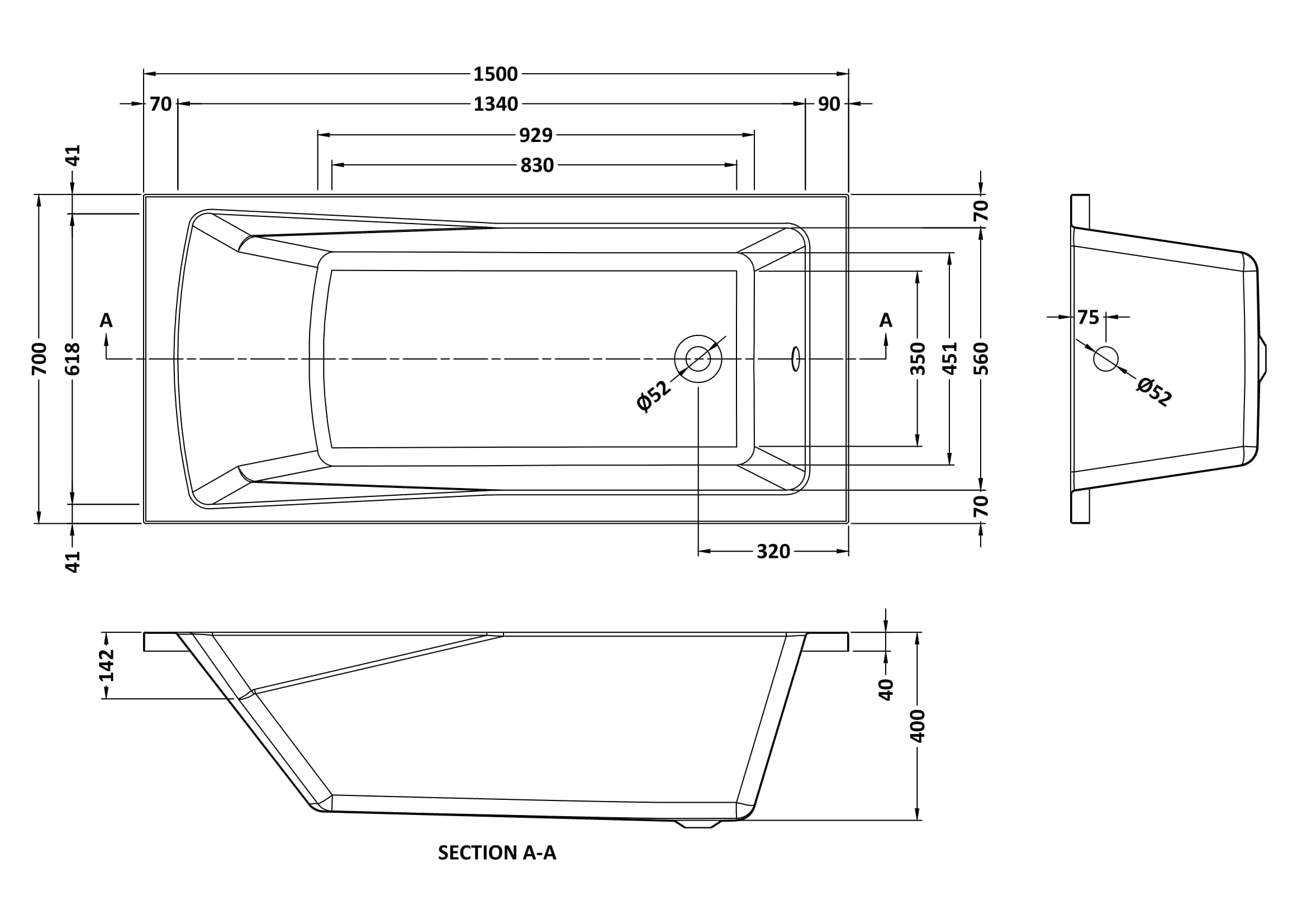 iBathUK Arvon Single Ended Rectangular Acrylic Bathtub with Adjustable Feet, Modern White Gloss Bathroom Tub, 1500 x 700mm