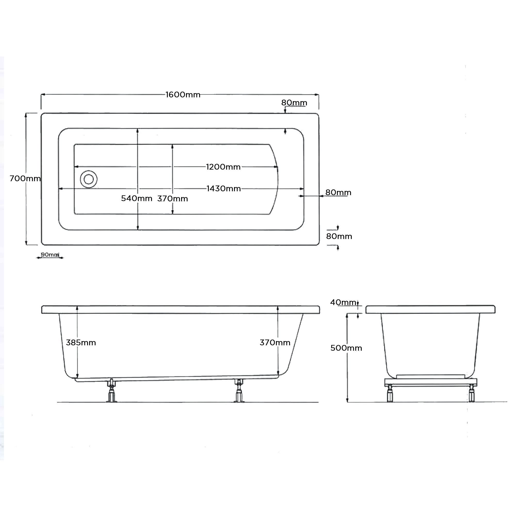 iBathUK Arvon Single Ended Rectangular Acrylic Bathtub with Adjustable Feet, Modern White Gloss Bathroom Tub, 1600 x 700mm