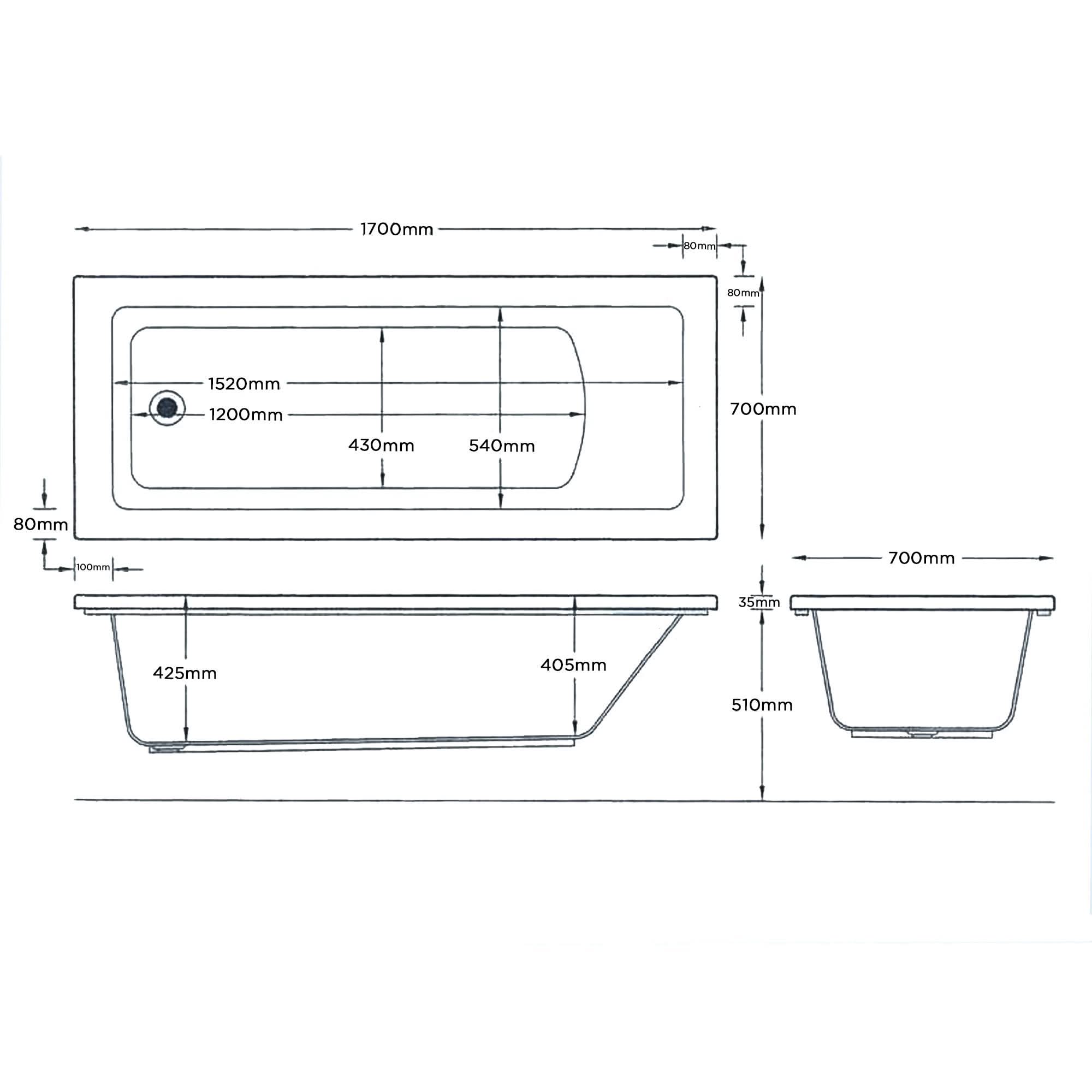 iBathUK Arvon Single Ended Rectangular Acrylic Bathtub with Adjustable Feet, Modern White Gloss Bathroom Tub, 1700 x 700mm