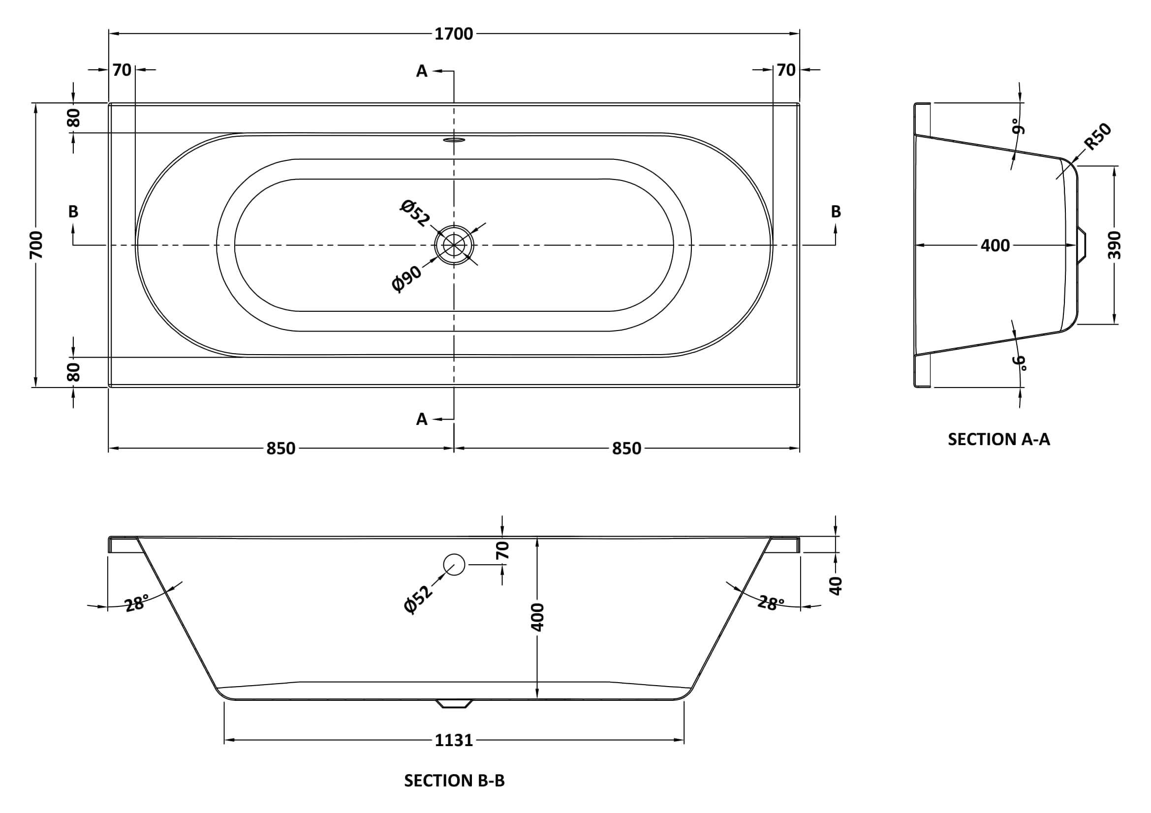 iBathUK Olira Double Ended Rectangular Bath with Rounded Interior, White Gloss Acrylic Bathtub, 1700 x 700mm