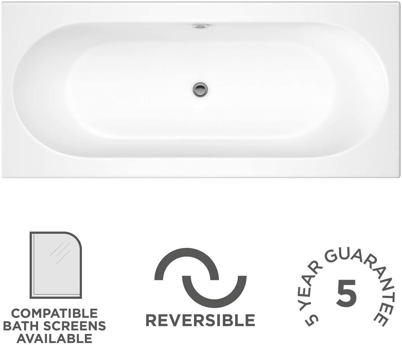 iBathUK Olira Double Ended Rectangular Bath with Rounded Interior, White Gloss Acrylic Bathtub, 1700 x 700mm