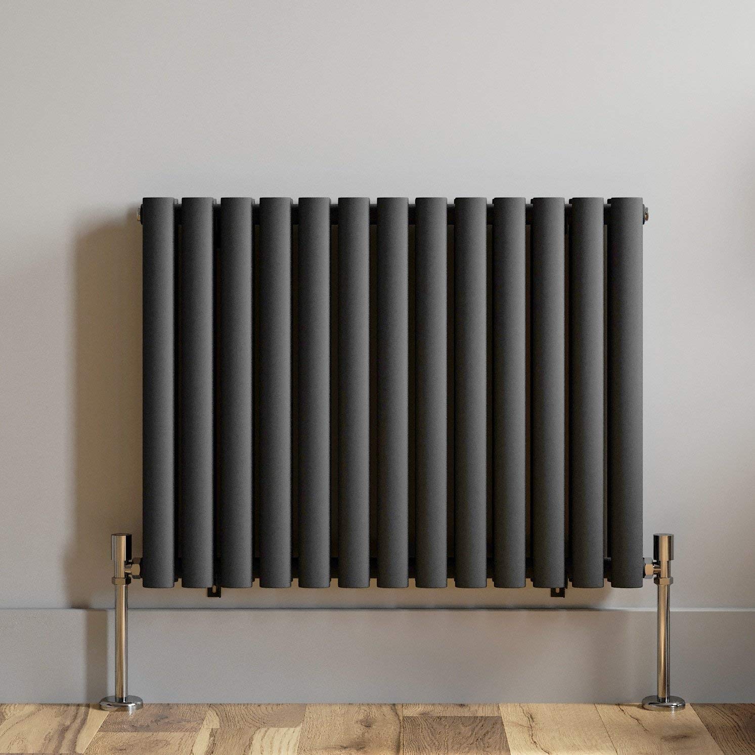 iBathUK Strata Horizontal Double Panel Oval Radiator, Wall Mounted Designer Radiator, High Heat Output, Matt Anthracite, 600 x 1440mm