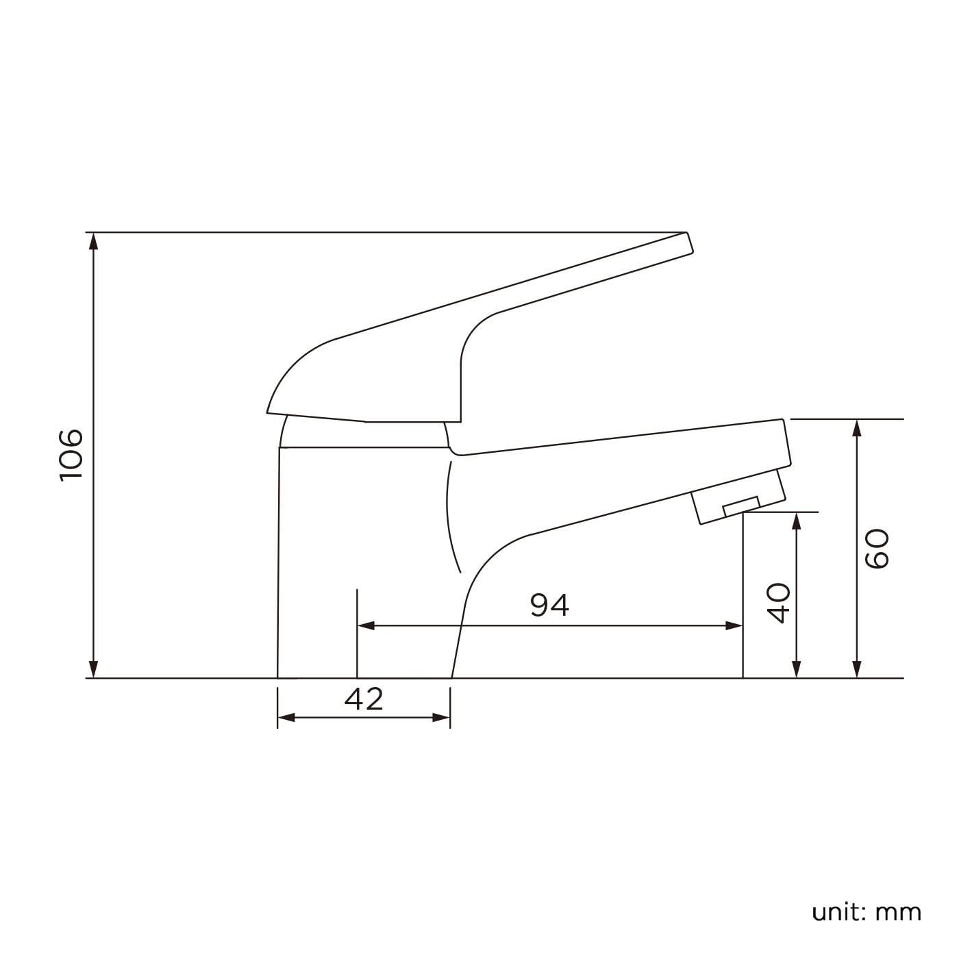 Line drawing of the iBathUK Orvex Monobloc Basin Mixer Tap: compact single-lever design, 106mm tall, 60mm spout height, 94mm spout reach, 42mm base width, and spout tip 40mm above surface. All sizes in mm.
