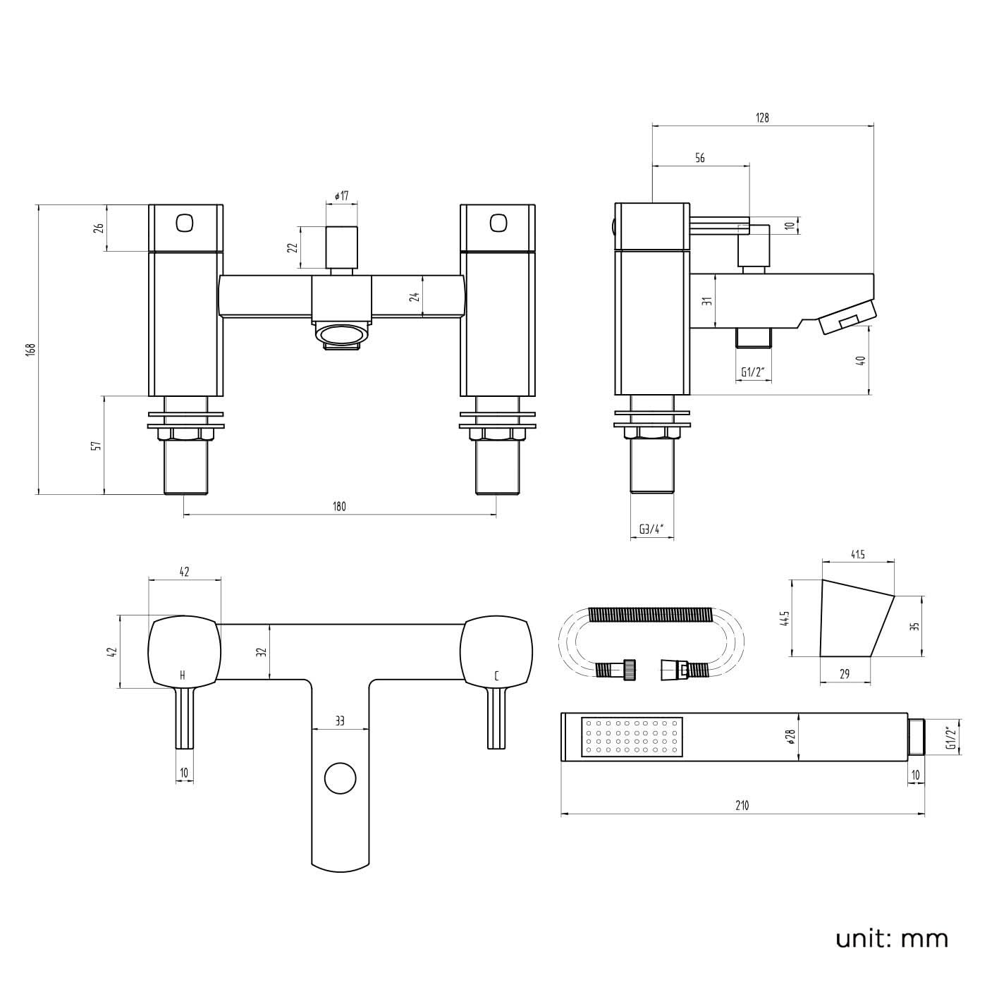 iBathUK Aqulen Square Bath Filler Mixer Tap with Modern Bathroom Shower Head, Modern Bath Filler Tap