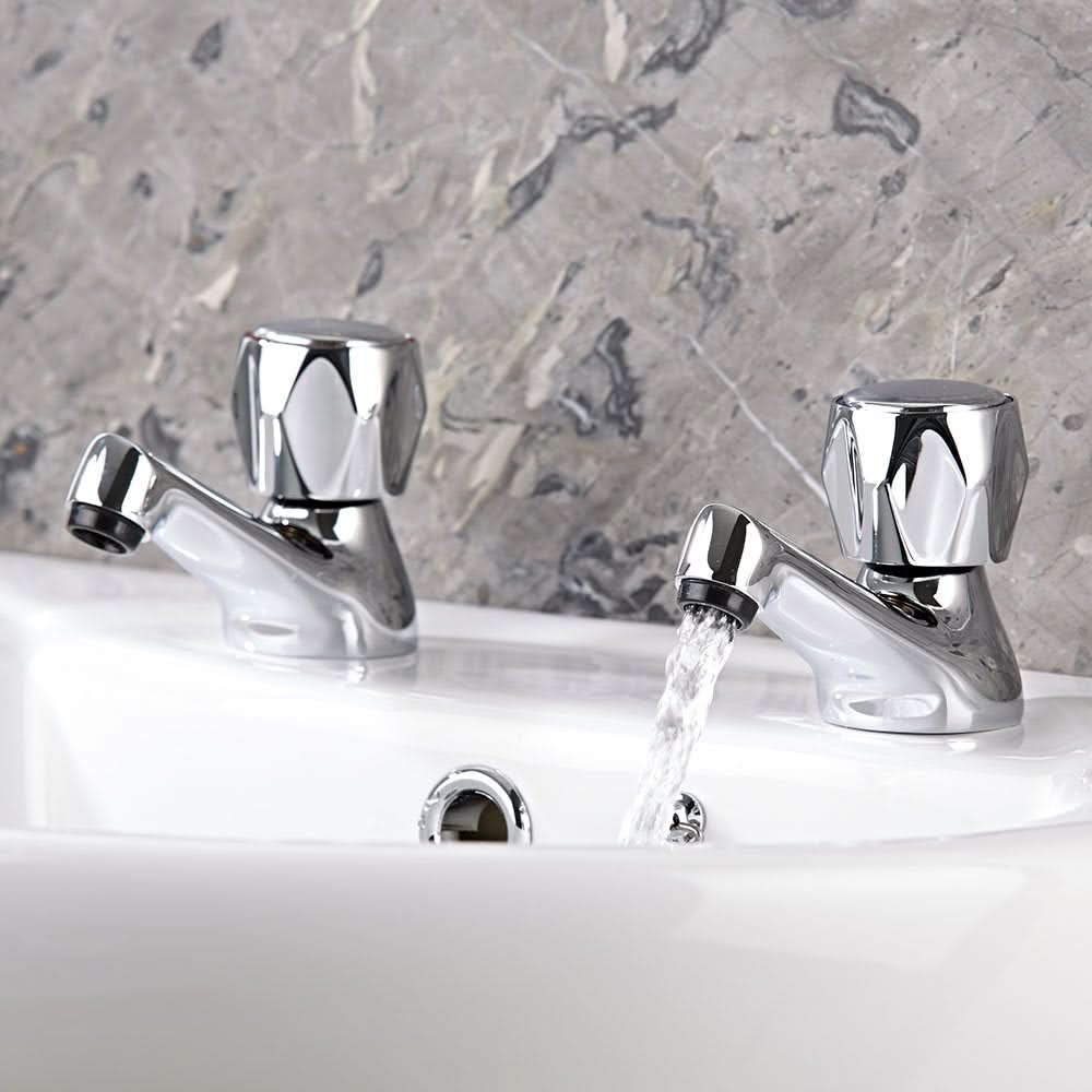 Essentials Round Dome Twin Hot and Cold Sink Basin Taps Brass Faucet Pair with Ceramic Disc Technology - Chrome