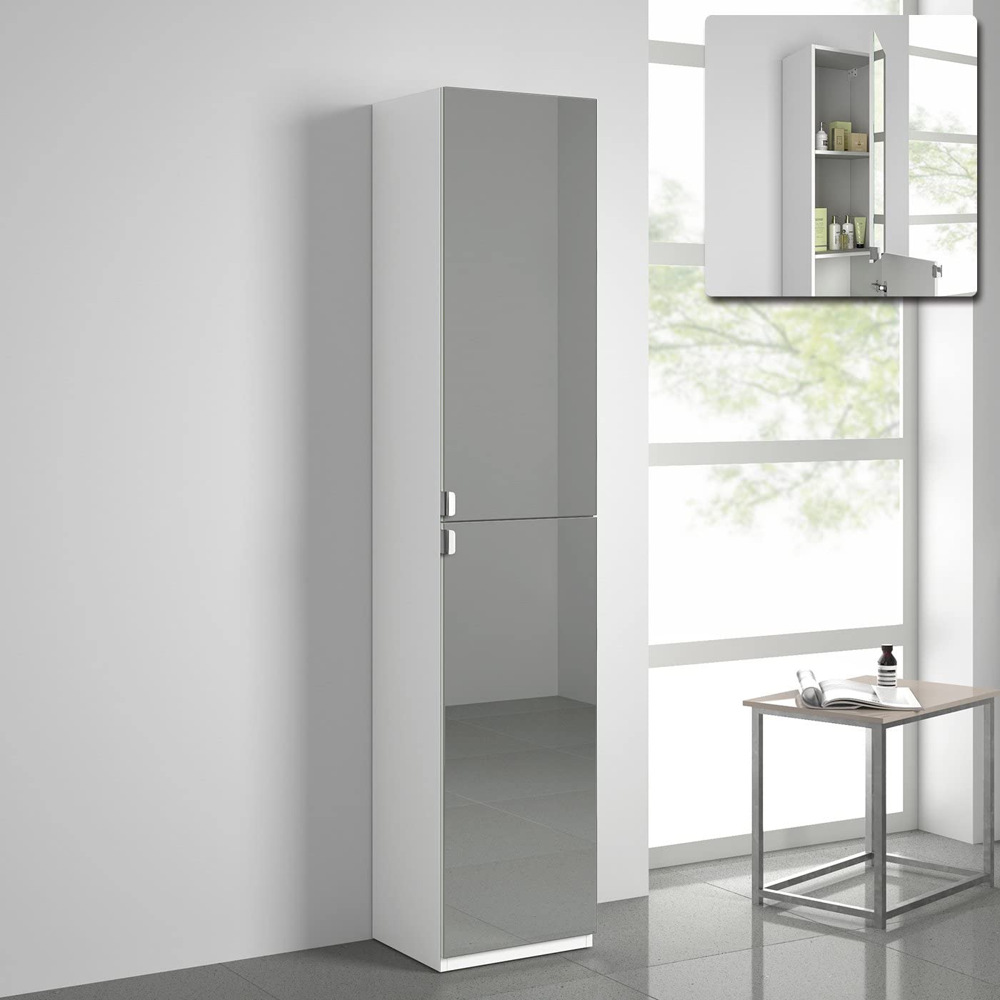 Gleam 2 Door Floorstanding Mirrored Tall Storage Unit - 1700mm x 350mm - Gloss White