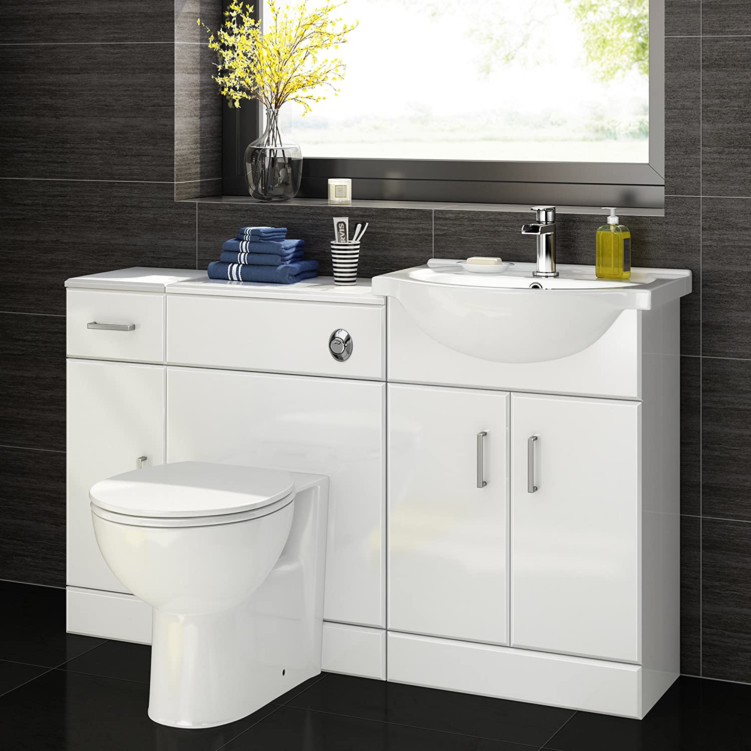Modern Bathroom Combination Set - (Toilet, Seat, Vanity Unit and Basin) - Gloss White