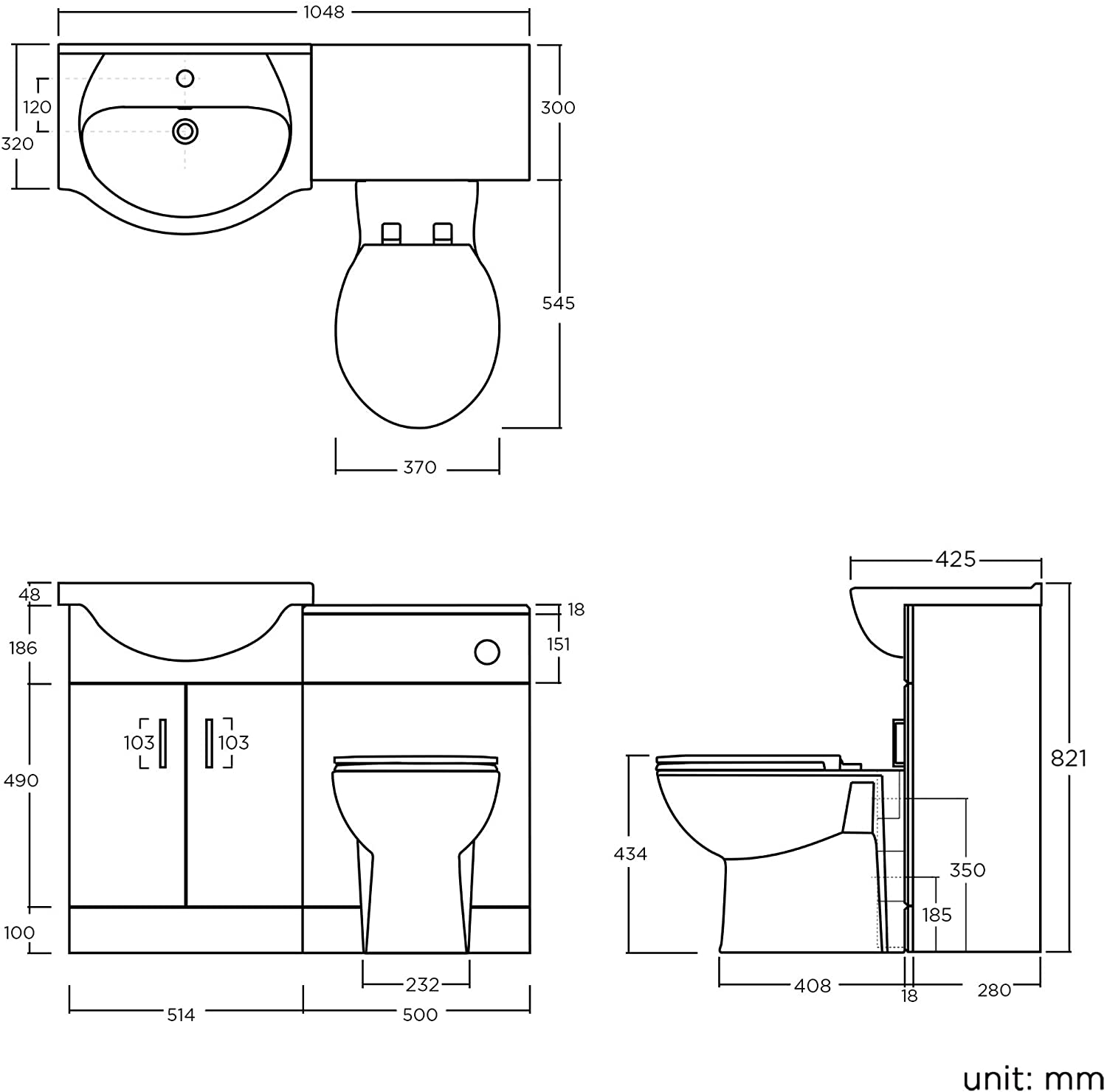 1048 mm White Gloss Vanity Unit Round Toilet Bathroom Sink Storage Furniture