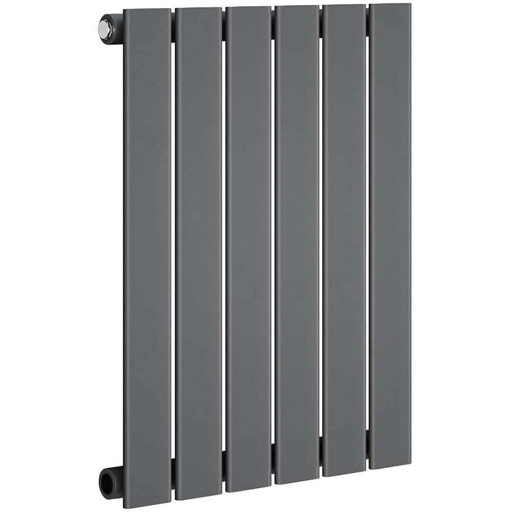 The iBathUK Apex Horizontal Single Panel Slim Flat Radiator is a modern designer radiator with six evenly spaced gray metal slats, offering sleek style and efficient heating to any space.