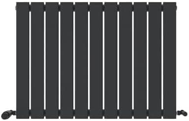 The iBathUK Apex Horizontal Single Panel Slim Flat Designer Radiator features a sleek black anthracite finish and two base valve connections, shown against a white background.