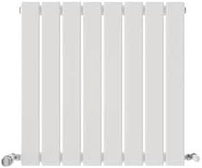 The iBathUK Apex Horizontal Single Panel Slim Flat Designer Radiator features a modern white finish with six vertical panels and two metal valve connections at the bottom corners, perfect for contemporary interiors.