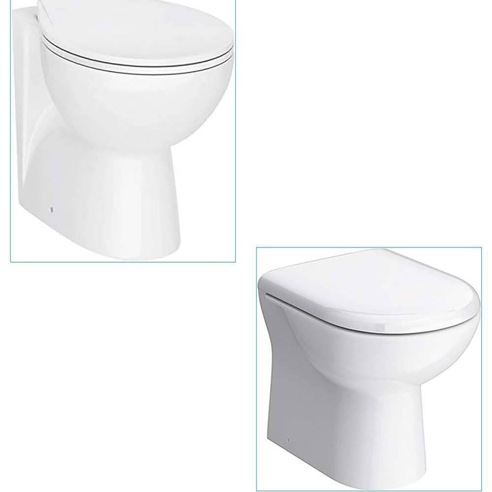 Two Bathroom4Less Bathroom Toilet BTW Soft Close Seat Concealed Cistern Modern White Ceramic WC units are displayed separately against a plain background—ideal space-saving solutions or cloakroom toilets with modern, rounded designs.