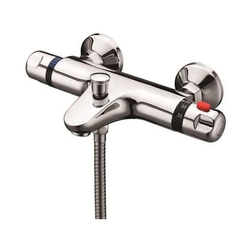 iBathUK Sola Slim Thermostatic Exposed Deck Mounted Shower Bar Mixer Valve with Bath Tap, Bathroom Tap Set with Shower, Chrome