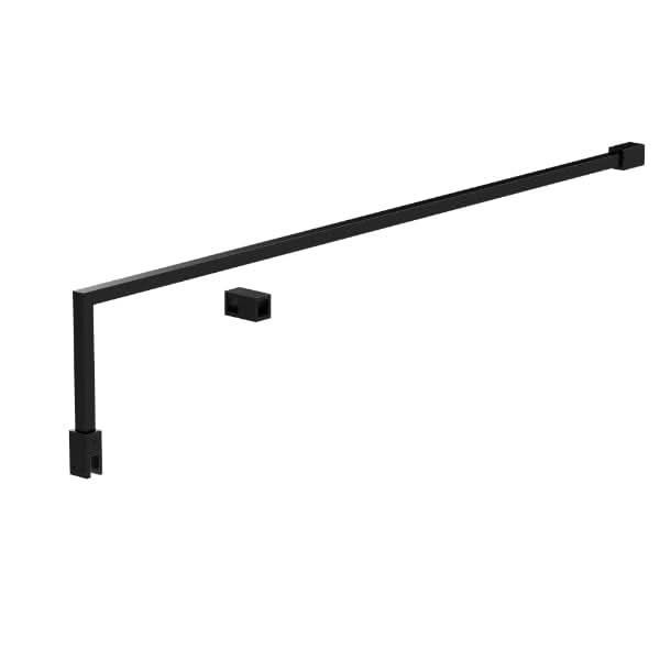 The Nuie 150mm Wetroom Screen Support Arm is a black, rectangular metal rail with mounting brackets, featuring a simple modern design with straight lines—ideal for supporting Nuie wetroom screens and matching contemporary bathrooms.