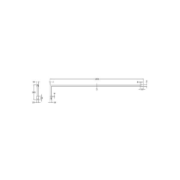 Technical drawing of the Nuie 150mm Wetroom Screen Support Arm by Nuie, an L-shaped metal bracket with detailed millimeter measurements. Includes long horizontal and short vertical sections, all dimensions clearly labeled.