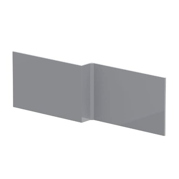 The Nuie 1700mm Shower Bath Front Panel by Nuie is a gray, L-shaped acrylic bath panel with a smooth finish—ideal for adding a modern touch to your bathroom design.