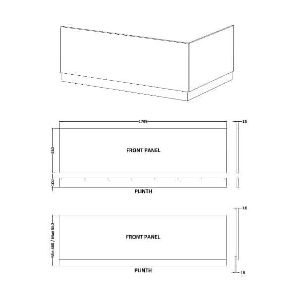 Black and white technical drawing of the Nuie 1800mm Straight Shower Bath Front Panel With Plinth, showing a 3D view and front elevations labeled “Front Panel” and “Plinth,” with dimensions in millimeters. Brand: Nuie.