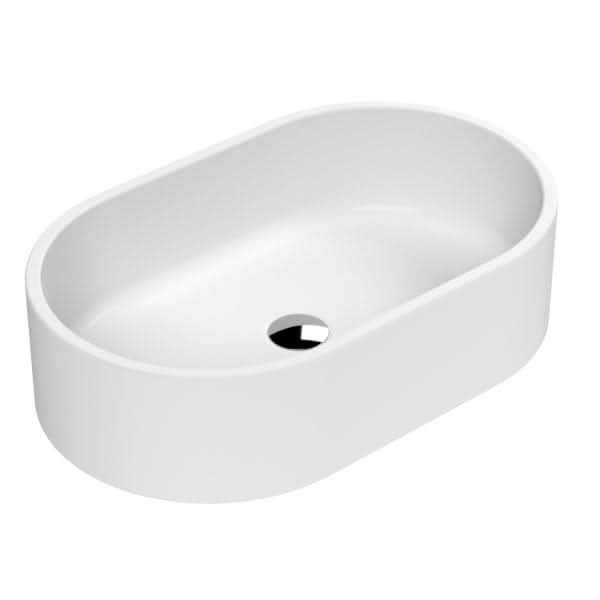 The Nuie 565mm Sit-On Countertop Basin by Nuie is oval-shaped with a matt white finish, smooth edges, and a central drain hole. Shown from an angled view on a plain white background. No tap hole.
