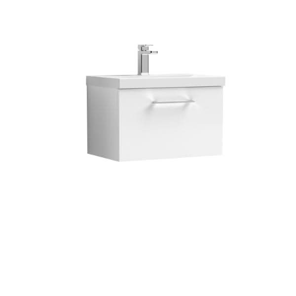 The Nuie Arno 1 Drawer Wall Hung Vanity Unit With Basin-1, 600mm wide, is a stylish wall-mounted vanity with a single drawer and sleek handle—ideal as a contemporary bathroom centerpiece from Nuie.