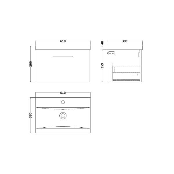 Technical drawing of the Nuie Arno 1 Drawer Wall Hung Vanity Unit With Basin-1 600mm Wide by Nuie, showing front, side, and top views. Dimensions: 610mm width, 390mm depth, and 399mm height.