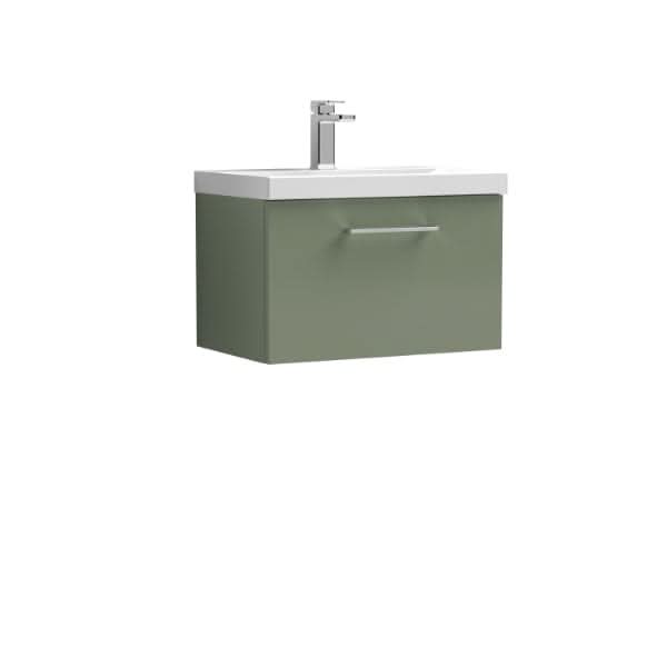 The Nuie Arno 1 Drawer Wall Hung Vanity Unit With Basin-1 features a 600mm wide matte olive green drawer, sleek silver handle, white rectangular sink, and a chrome faucet by Nuie, all set against a plain white background.