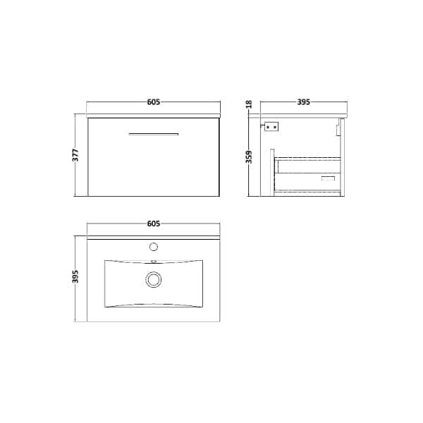 Nuie Arno 1 Drawer Wall Hung Vanity Unit With Basin-2 600mm Wide