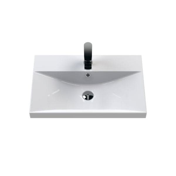 The Nuie Arno 1 Drawer Wall Hung Vanity Unit With Basin-3 features a 600mm wide rectangular white ceramic sink with central drain, single faucet hole, and overflow—ideal for modern bathrooms and pairing seamlessly with Nuie furniture.