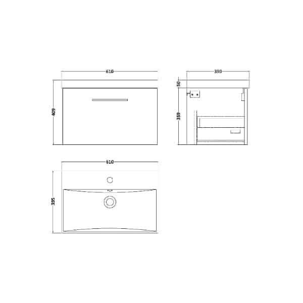 Technical drawing of the Nuie Arno 1 Drawer Wall Hung Vanity Unit With Basin-3 (600mm wide, 395mm deep, 520mm high) by Nuie shows front, side, and top views detailing drawer and basin positions.