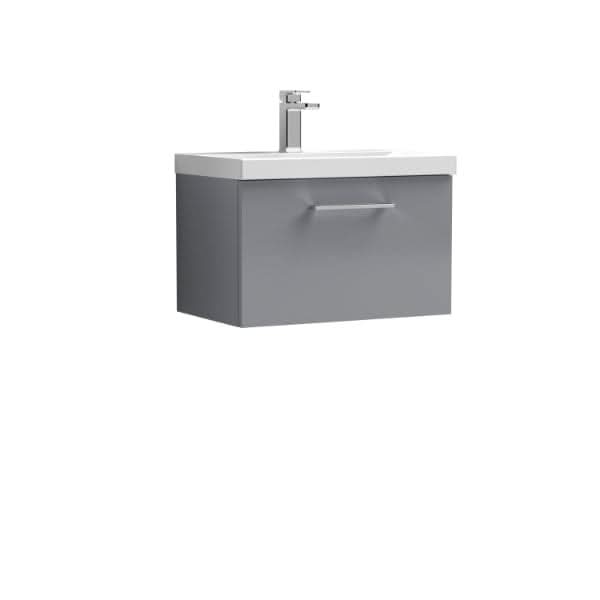 The Nuie Arno 1 Drawer Wall Hung Vanity Unit With Basin-3, 600mm wide, features a single drawer with a horizontal handle, a white rectangular basin, and a sleek chrome faucet—modern style from Nuie.