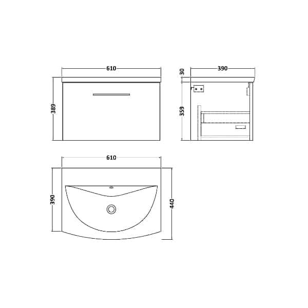 Nuie Arno 1 Drawer Wall Hung Vanity Unit With Basin-4 600mm Wide