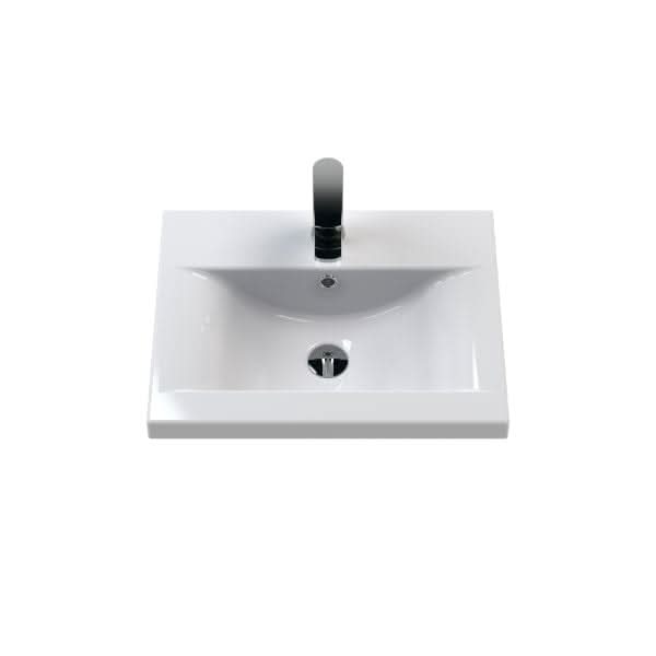 A Nuie Arno 2 Door Wall Hung Vanity Unit with Basin-1, 500mm wide and rectangular in shape, is seen from above with a chrome faucet and drain, set against a plain white background.