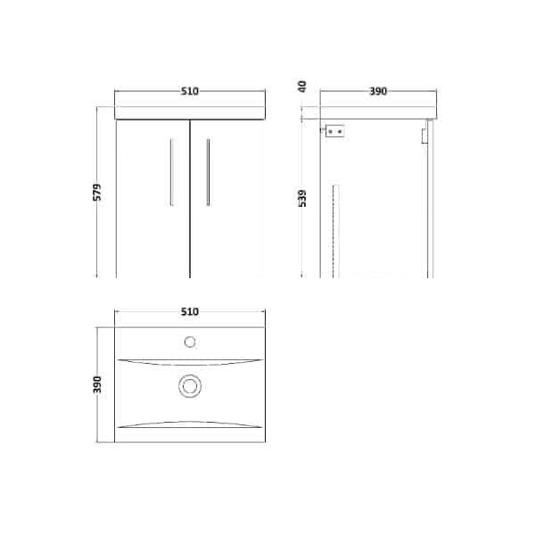 Technical drawing of the Nuie Arno 2 Door Wall Hung Vanity Unit With Basin-1, 500mm wide, showing front, side, and top views with detailed door and basin features. Brand: Nuie. Dimensions: 500mm W x 579mm H x 390mm D.