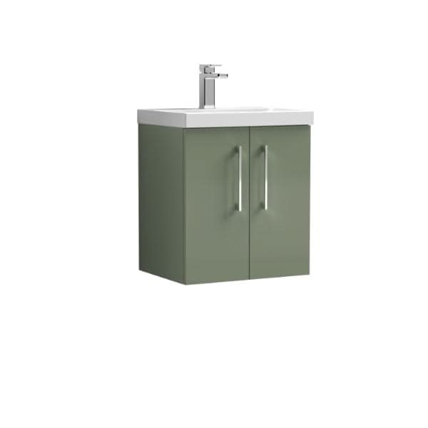 The Nuie Arno 2 Door Wall Hung Vanity Unit With Basin-1, by Nuie, is a modern 500mm wide bathroom vanity with a matte olive green finish, silver handles, two doors, and a white rectangular basin with single chrome faucet.