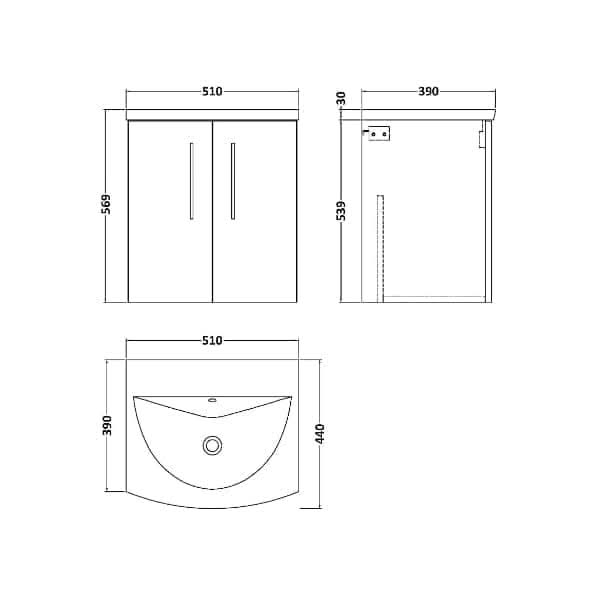 Technical drawing of the Nuie Arno 2 Door Wall Hung Vanity Unit With Basin-4, showing front, side, and top views. Dimensions: 500mm wide, 569mm tall, and 390mm deep. Brand: Nuie.