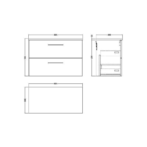 Nuie Arno 2 Drawer Wall Hung Vanity Unit 800mm Wide