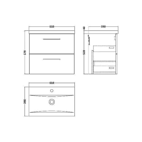 Nuie Arno 2 Drawer Wall Hung Vanity Unit With Basin-1 600mm Wide