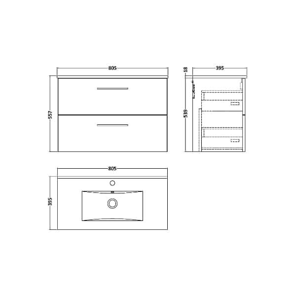 Nuie Arno 2 Drawer Wall Hung Vanity Unit With Basin-2 800mm Wide
