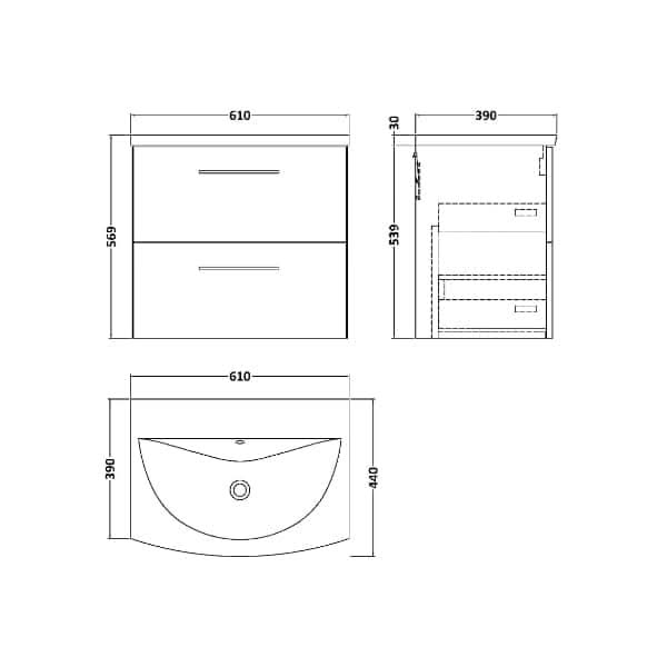 Nuie Arno 2 Drawer Wall Hung Vanity Unit With Basin-4 600mm Wide