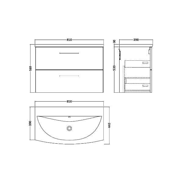 Nuie Arno 2 Drawer Wall Hung Vanity Unit With Basin-4 800mm Wide