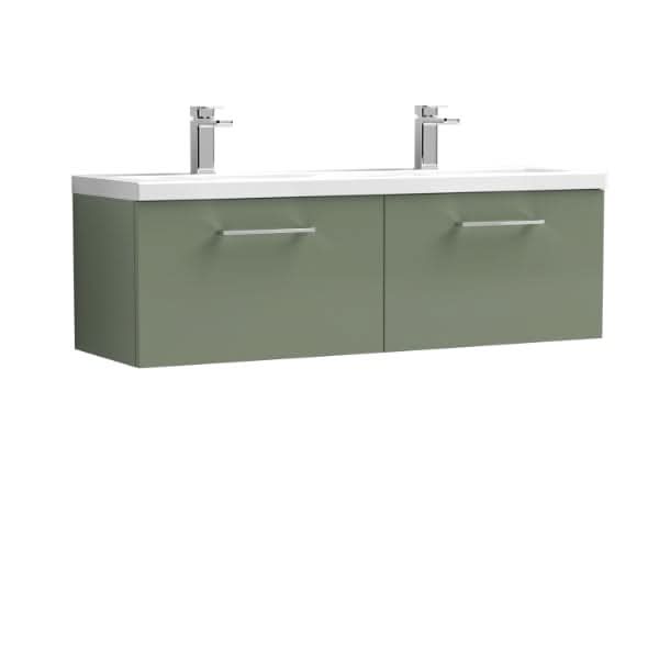 The Nuie Arno 2 Drawer Wall Hung Vanity Unit with Double Ceramic Basin (1200mm wide) by Nuie features chrome handles and modern chrome faucets, shown against a white background.
