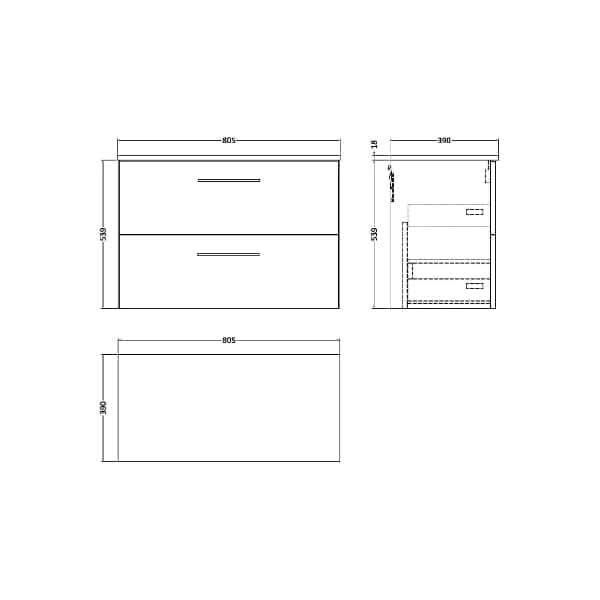Nuie Arno 2 Drawer Wall Hung Vanity Unit With Worktop 800mm Wide