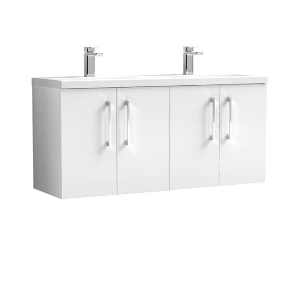 The Nuie Arno 4 Door Wall Hung Vanity Unit with Double Ceramic Basin (1200mm wide) from Nuie features a sleek white finish, four cabinet doors, silver handles, and a modern wall-mounted design against a plain background.