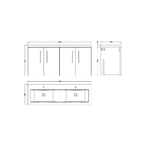 Technical drawing of the Nuie Arno 4 Door Wall Hung Vanity Unit with Double Ceramic Basin, 1200mm wide. Shows front, top, and side views with dimensions: 1200mm (W) x 515mm (H) x 510mm (D). Brand: Nuie.