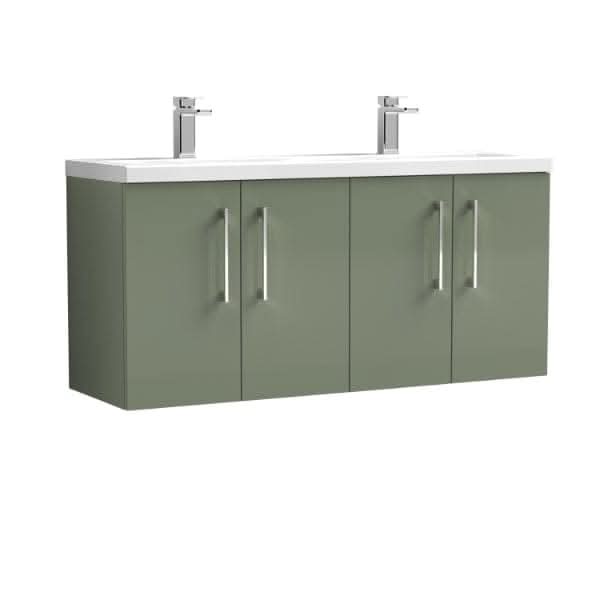 The Nuie Arno 4 Door Wall Hung Vanity Unit With Double Ceramic Basin (1200mm wide) features a matte olive green finish, four doors with long silver handles, and a white double ceramic basin countertop with two chrome faucets.