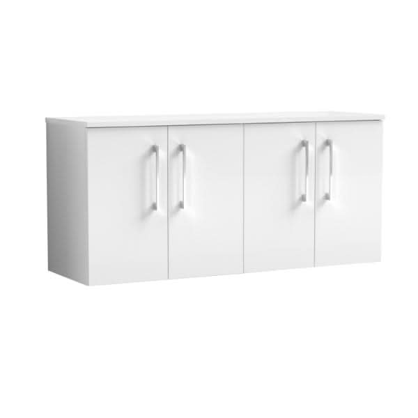 The Nuie Arno 4 Door Wall Hung Vanity Unit With Worktop, 1200mm wide, by Nuie, features four doors with sleek silver handles and a modern rectangular design in white.